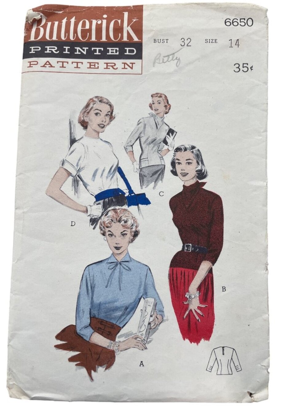 Vintage Butterick 6650 Sewing Pattern Size 14 Over Or Tuck-In Blouse Retro UNCUT
